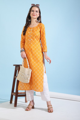Faxmon Fashion Women Bandhani Straight Kurta(Pink)