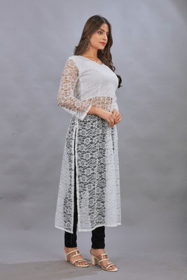 Manthan Creation Women Chikan Embroidery A-line Kurta(White)