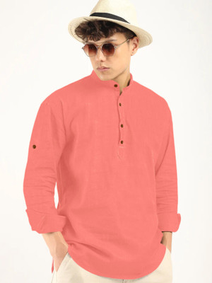 zbio Men Solid Straight Kurta(Pink)