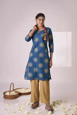 Surhi Women Printed Straight Kurta(Light Blue)