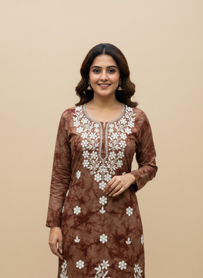 PehnaVastra Fabriks Women Dyed/Ombre, Embroidered, Chikan Embroidery Straight Kurta(Brown, Red, Black, Blue, Maroon, Green)