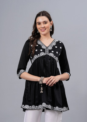 NEW4U Women Embroidered Flared Kurta(Black)