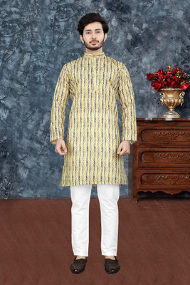 CRYTSAL REVENUE Men Embroidered Straight Kurta(Yellow)