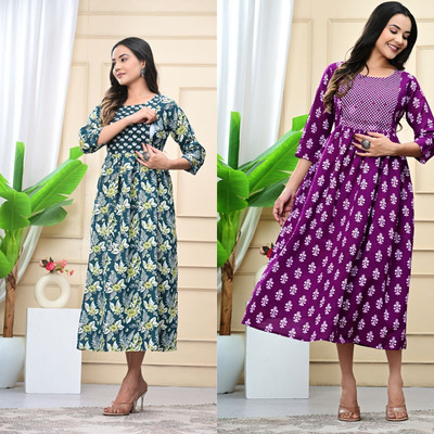 Kadri Women Printed Straight Kurta(Blue, Purple)