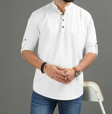 Navkanj Men Solid A-line Kurta(White)