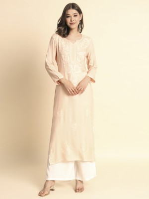 Sasta Bazar Women Embroidered A-line Kurta(Orange)