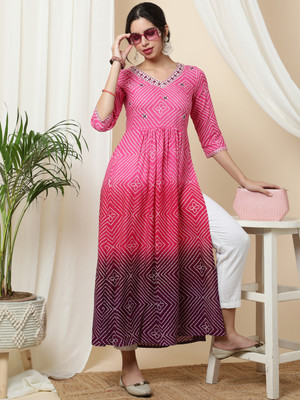 KIMAYRA Women Printed Flared Kurta(Pink)