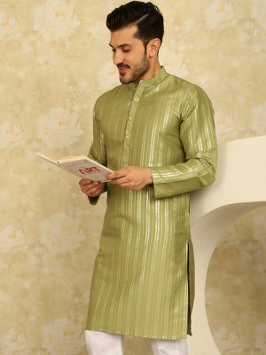 ANOUK Men Striped Straight Kurta(Green)