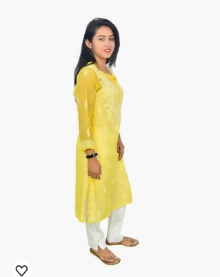 Sheeraz khan Women Chikan Embroidery A-line Kurta(Yellow)