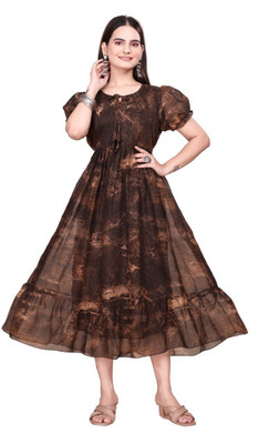 GROMint Women Fit and Flare Brown Midi/Calf Length Dress