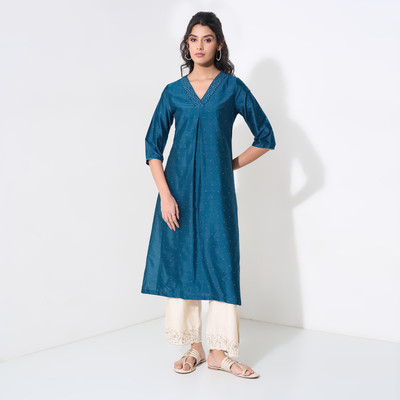 Rangmanch by Pantaloons Women Embroidered A-line Kurta(Blue)