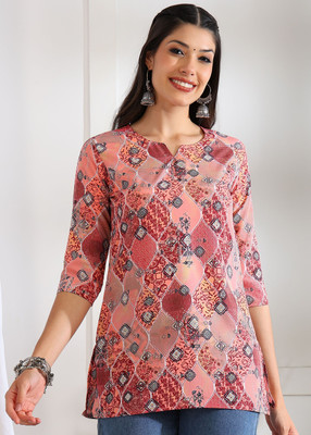 JustHer Women Self Design Tunic Kurta(Orange)