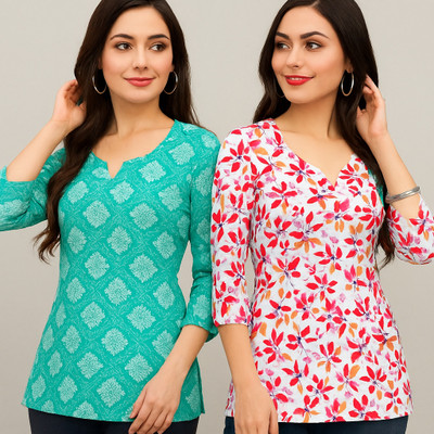 Anshu Signature Women Printed Straight Kurta(Green, Pink)