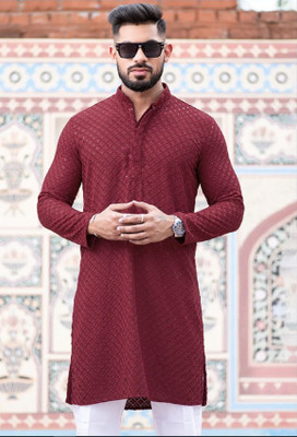 Lazzly Men Chikan Embroidery A-line Kurta(Maroon)
