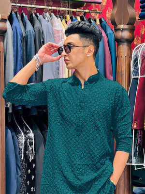 ORIFAB Men Self Design Straight Kurta(Dark Green)