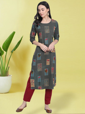 EthnicBasket Women Printed A-line Kurta(Grey)