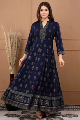 Sinyaar Women Floral Print Gown Kurta(Blue)