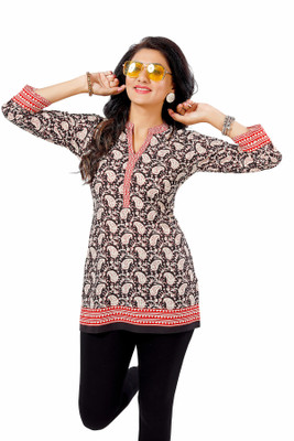 Anmi Black Faux Crepe Short Kurti Tunic Top Printed Women Straight Kurta(Black)