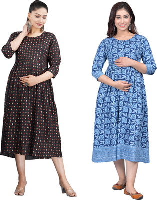 Drashti Textiles Women Printed Gown Kurta(Dark Blue)