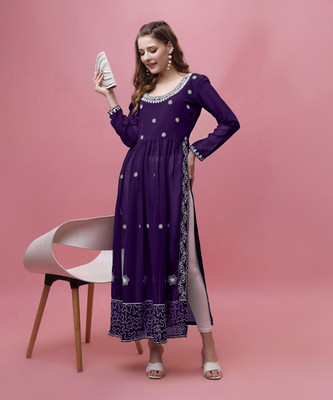 FabFairy Women Embroidered A-line Kurta(Purple)