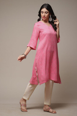 BIBA Women Solid Straight Kurta(Pink, Silver)