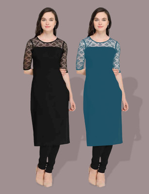 Dream Beauty Fashion Women Embellished Straight Kurta(Black)
