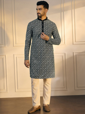 ANOUK Men Geometric Print Straight Kurta(Black)