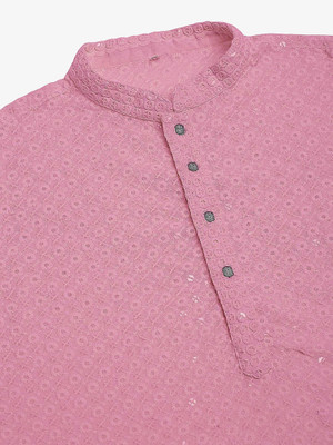 romj Men Chikan Embroidery Straight Kurta(Pink)
