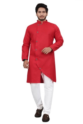 rajesh fashion Men Self Design Asymmetric Kurta(Red)