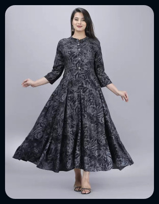 RACHNA FASHION Women Printed Anarkali Kurta(Grey, Black)