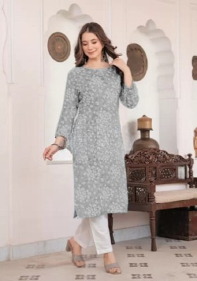 Kapplicworks Women Printed Straight Kurta(Grey)