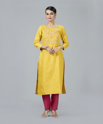 rootover 30 Women Embroidered Straight Kurta(Yellow)