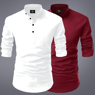 evalaxy Men Solid Straight Kurta(White, Maroon)