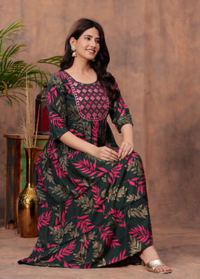 NKRM Women Embroidered Gown Kurta(Green)