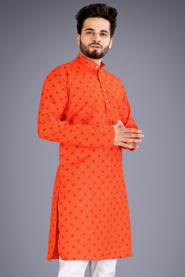 VELLOSTA Men Printed Straight Kurta(Orange)