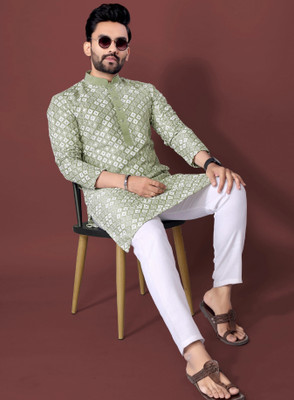 FOXDX Men Embroidered A-line Kurta(Light Green)