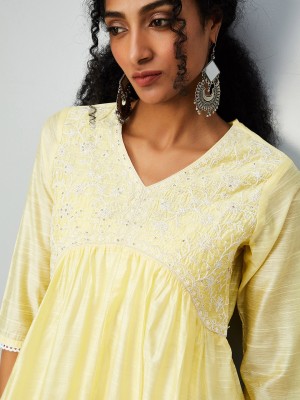 MAX Women Embroidered Straight Kurta(Yellow)