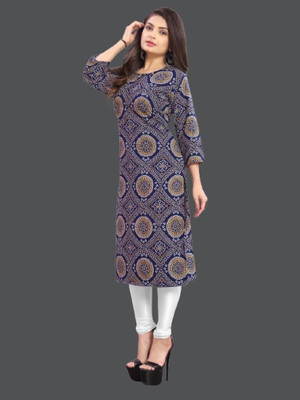 dharmanandan creation Women Printed Straight Kurta(Blue)