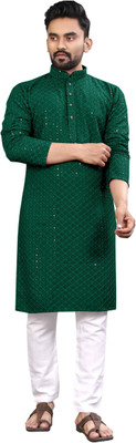 click n buy Men Self Design Straight Kurta(Dark Green)