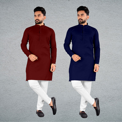 FRELURO Men Solid Straight Kurta(Dark Blue, Maroon)