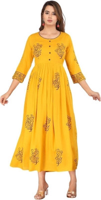 Priyshi Designing Women Printed, Block Print Flared Kurta(Yellow)