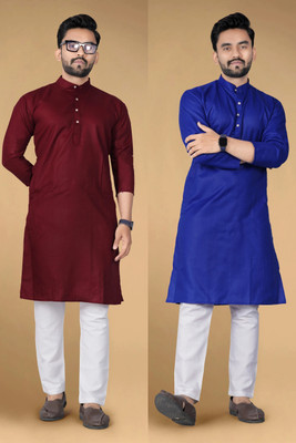 FASHIONPARROT Men Solid Straight Kurta(Maroon, Dark Blue)