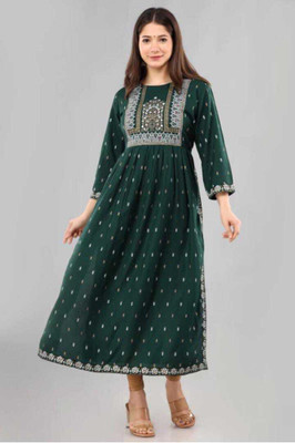 STYLISH CREATION Women Printed Flared Kurta(Dark Green, White, Gold)