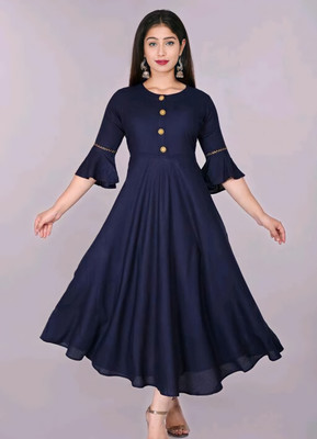 Ifd Women Solid Anarkali Kurta(Blue)
