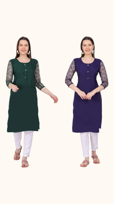Adgoodstrader fashion Women Solid Straight Kurta(Green, Blue)