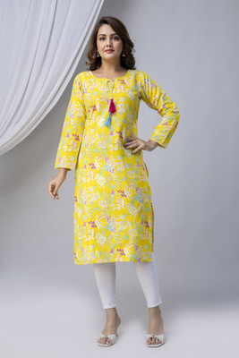 Chafi Collection Women Printed, Floral Print Straight Kurta(Yellow)