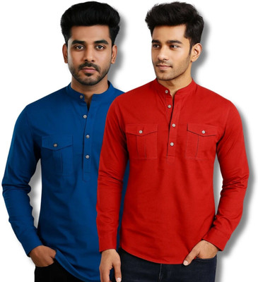 RAREMARK Men Solid Straight Kurta(Red, Dark Blue)
