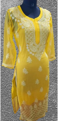 KKHANSHENTP Women Chikan Embroidery Straight Kurta(Yellow)