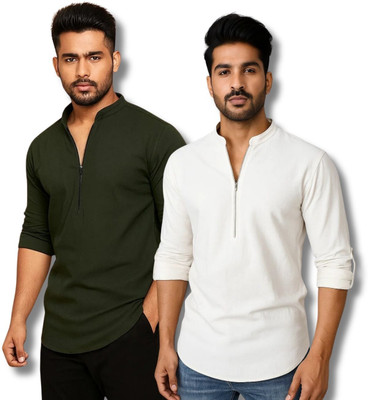 GOD HEART Men Solid Straight Kurta(Green, White)