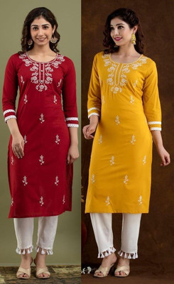 vikshi Women Chikan Embroidery Straight Kurta(Red, Yellow)
